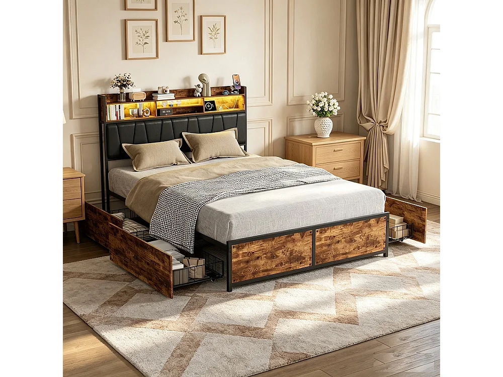 Lit rembourré 140 x 200 cm - Cadre de lit en métal industriel avec LED & USB & Type-C - Lit double avec tête de rangement et 4 tiroirs - marron