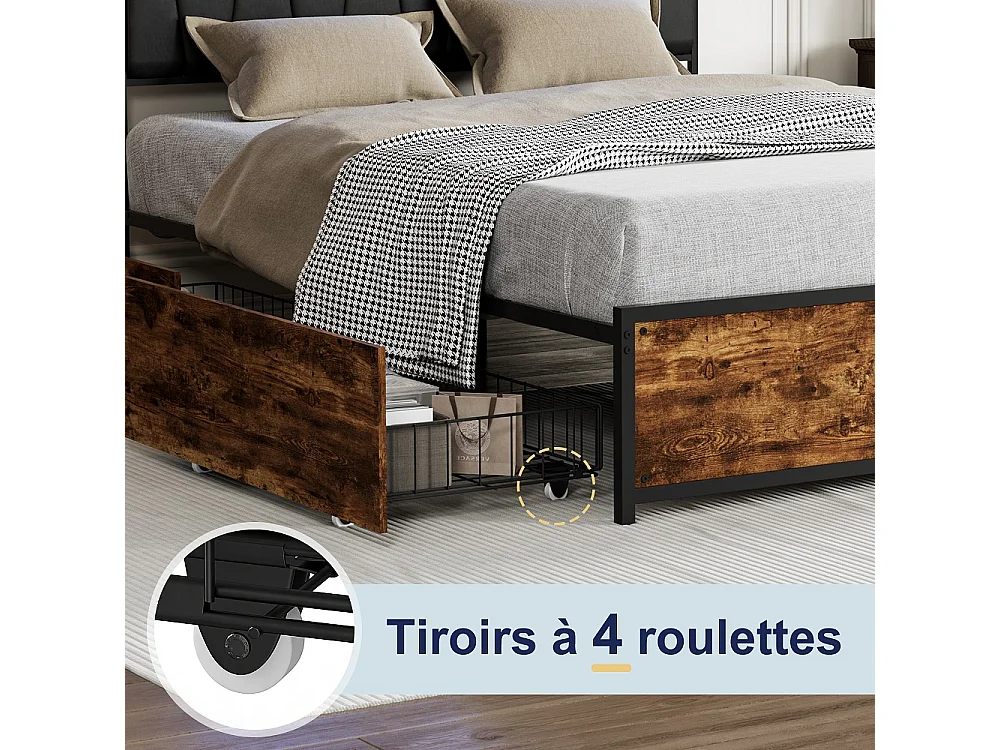 Lit rembourré 140 x 200 cm - Cadre de lit en métal industriel avec LED & USB & Type-C - Lit double avec tête de rangement et 4 tiroirs - marron