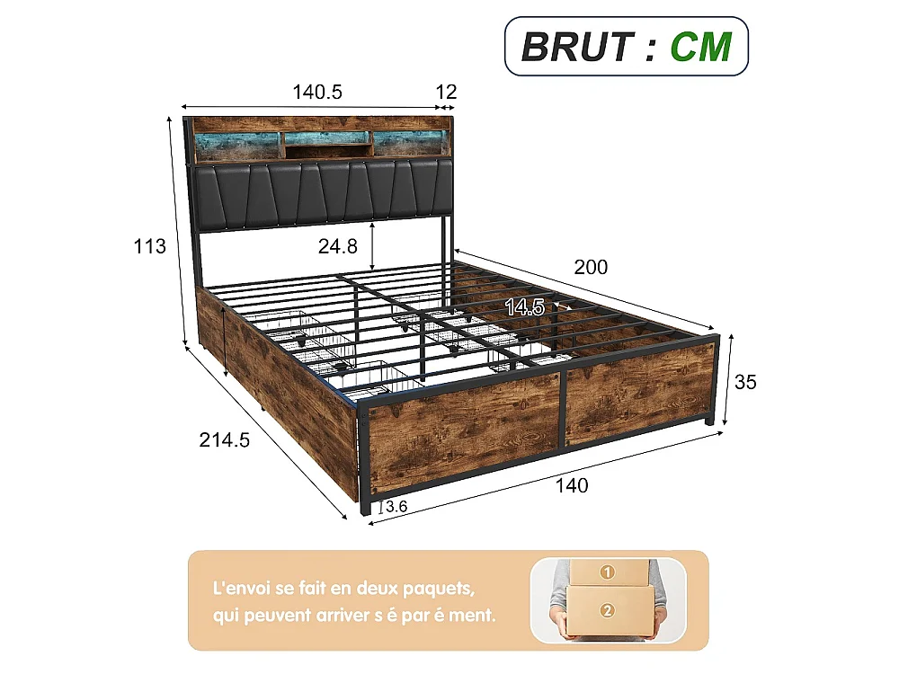 Lit rembourré 140 x 200 cm - Cadre de lit en métal industriel avec LED & USB & Type-C - Lit double avec tête de rangement et 4 tiroirs - marron