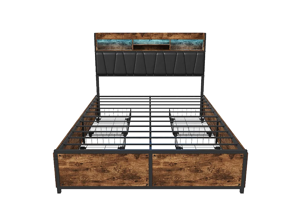 Lit rembourré 140 x 200 cm - Cadre de lit en métal industriel avec LED & USB & Type-C - Lit double avec tête de rangement et 4 tiroirs - marron