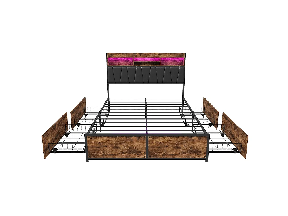 Lit rembourré 140 x 200 cm - Cadre de lit en métal industriel avec LED & USB & Type-C - Lit double avec tête de rangement et 4 tiroirs - marron