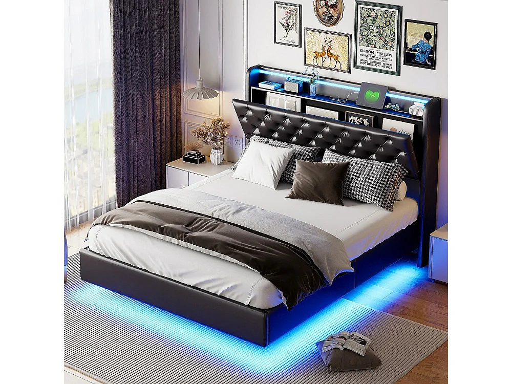 Lit flottant ascenseur 160×200 cm - Cadre de lit de stockage avec LED et USB - Lit rembourré avec tête en faux cuir tufted - noir