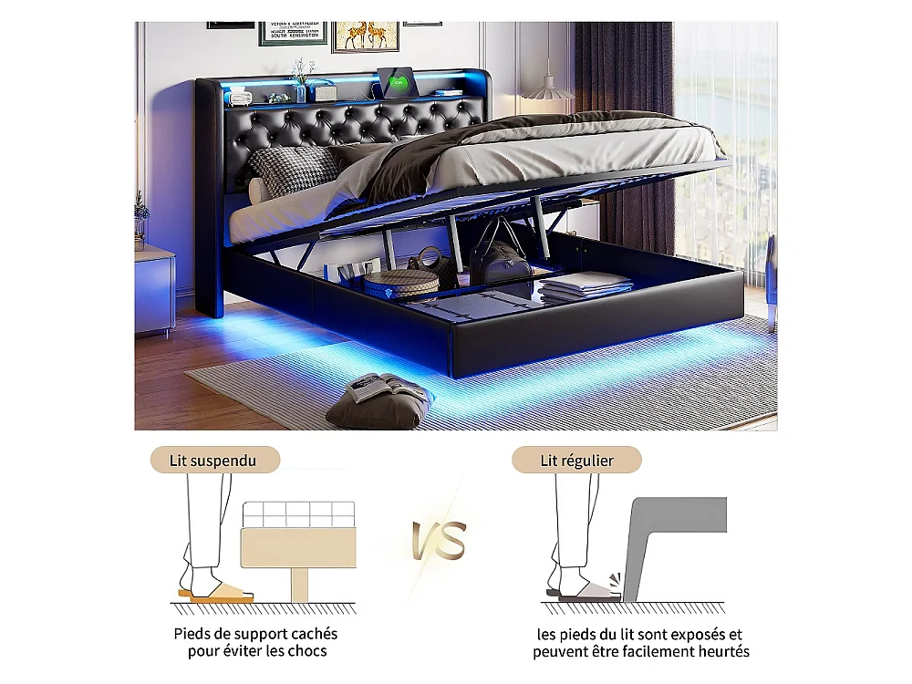 Lit flottant ascenseur 160×200 cm - Cadre de lit de stockage avec LED et USB - Lit rembourré avec tête en faux cuir tufted - noir