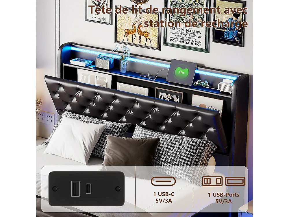 Lit flottant ascenseur 160×200 cm - Cadre de lit de stockage avec LED et USB - Lit rembourré avec tête en faux cuir tufted - noir