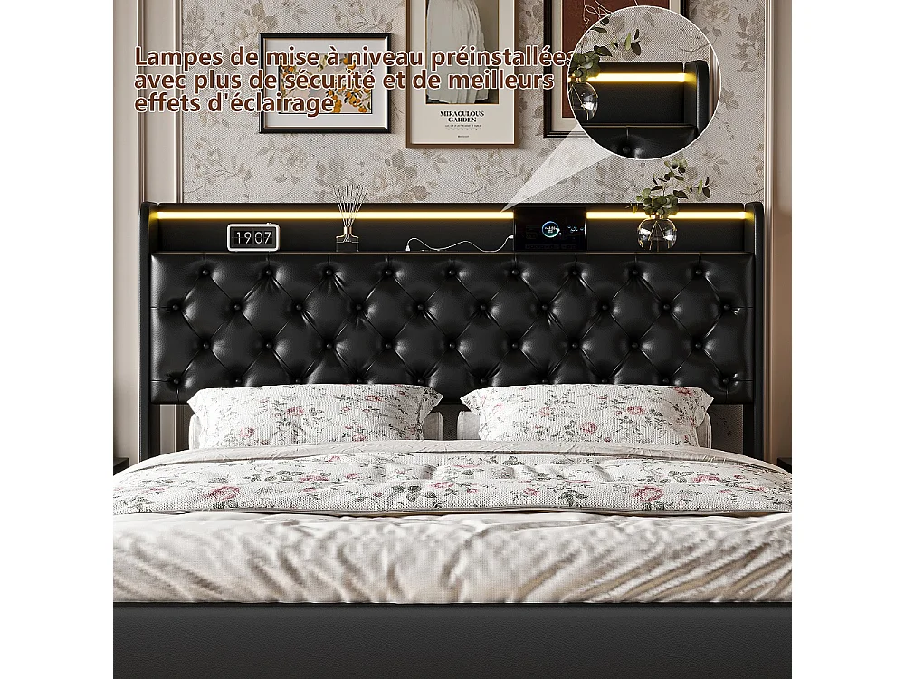 Lit flottant ascenseur 160×200 cm - Cadre de lit de stockage avec LED et USB - Lit rembourré avec tête en faux cuir tufted - noir