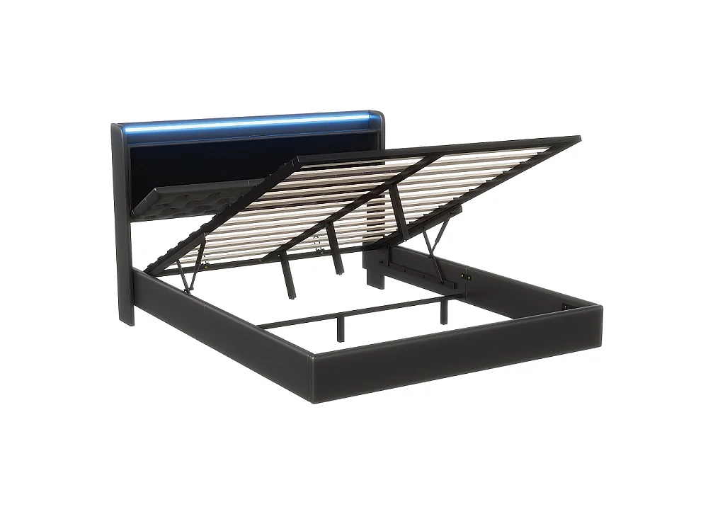 Lit flottant ascenseur 160×200 cm - Cadre de lit de stockage avec LED et USB - Lit rembourré avec tête en faux cuir tufted - noir
