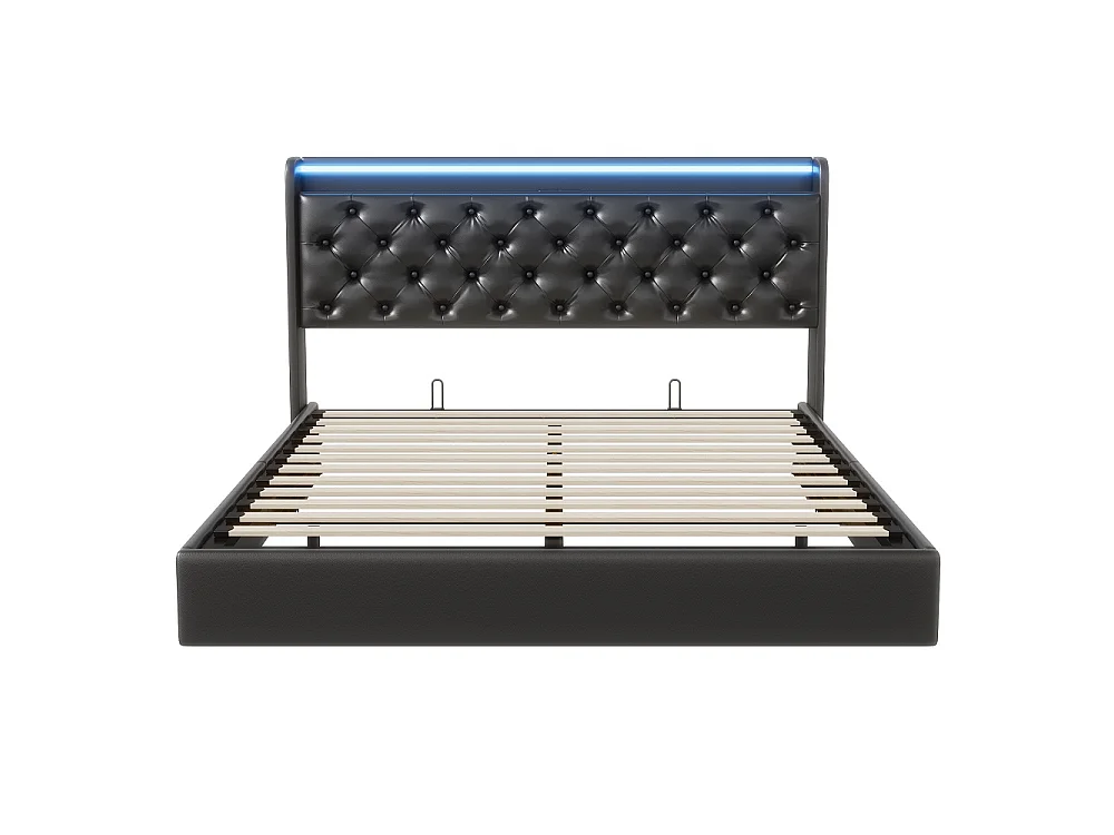 Lit flottant ascenseur 160×200 cm - Cadre de lit de stockage avec LED et USB - Lit rembourré avec tête en faux cuir tufted - noir