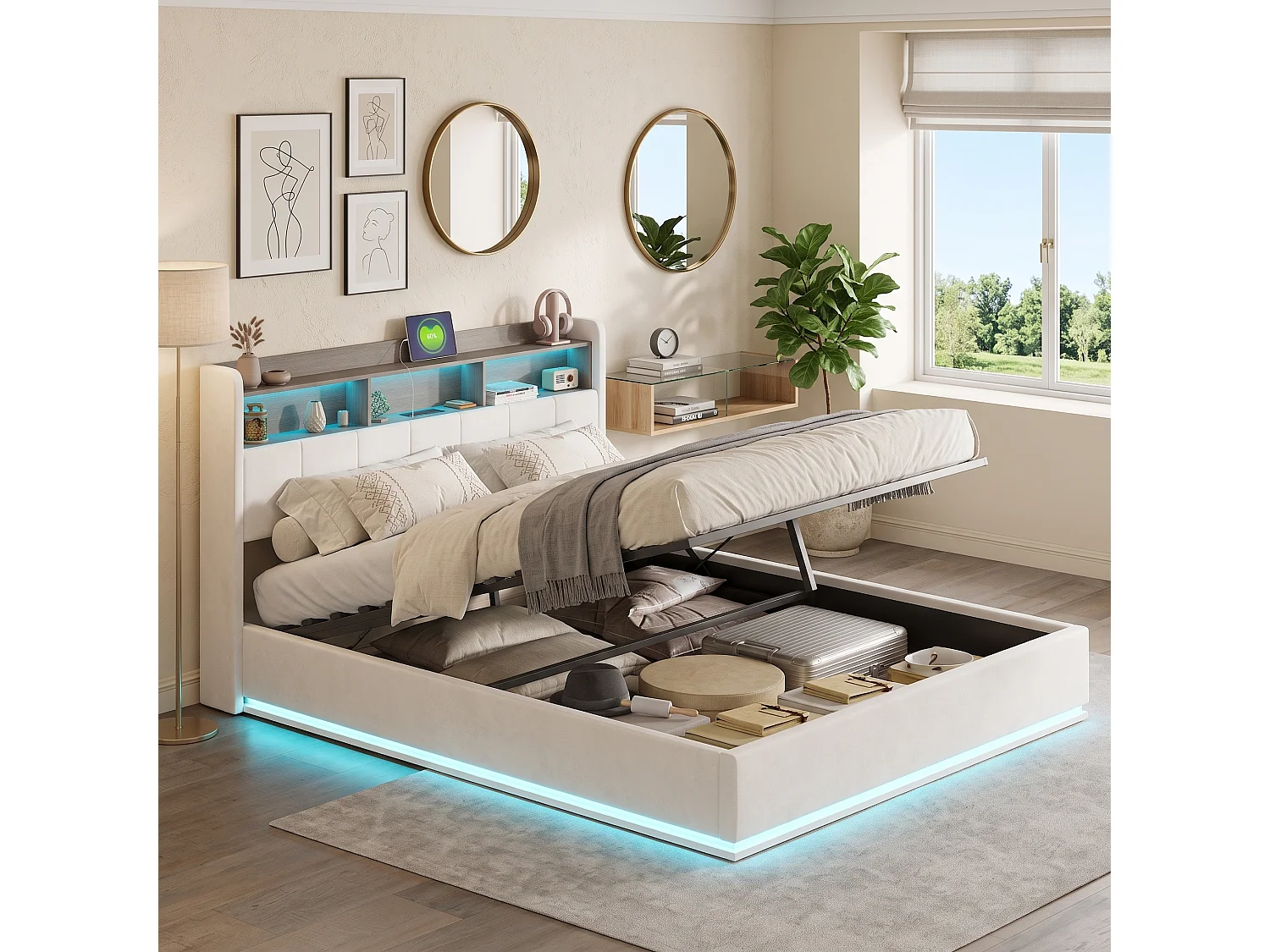 Lit Double Capitonné 140x200 cm,Rangement Barométrique, Tête de Lit en Velours avec cadre de rangement, Éclairage LED, Ports USB, Capacité de Charge 350kg, Beige