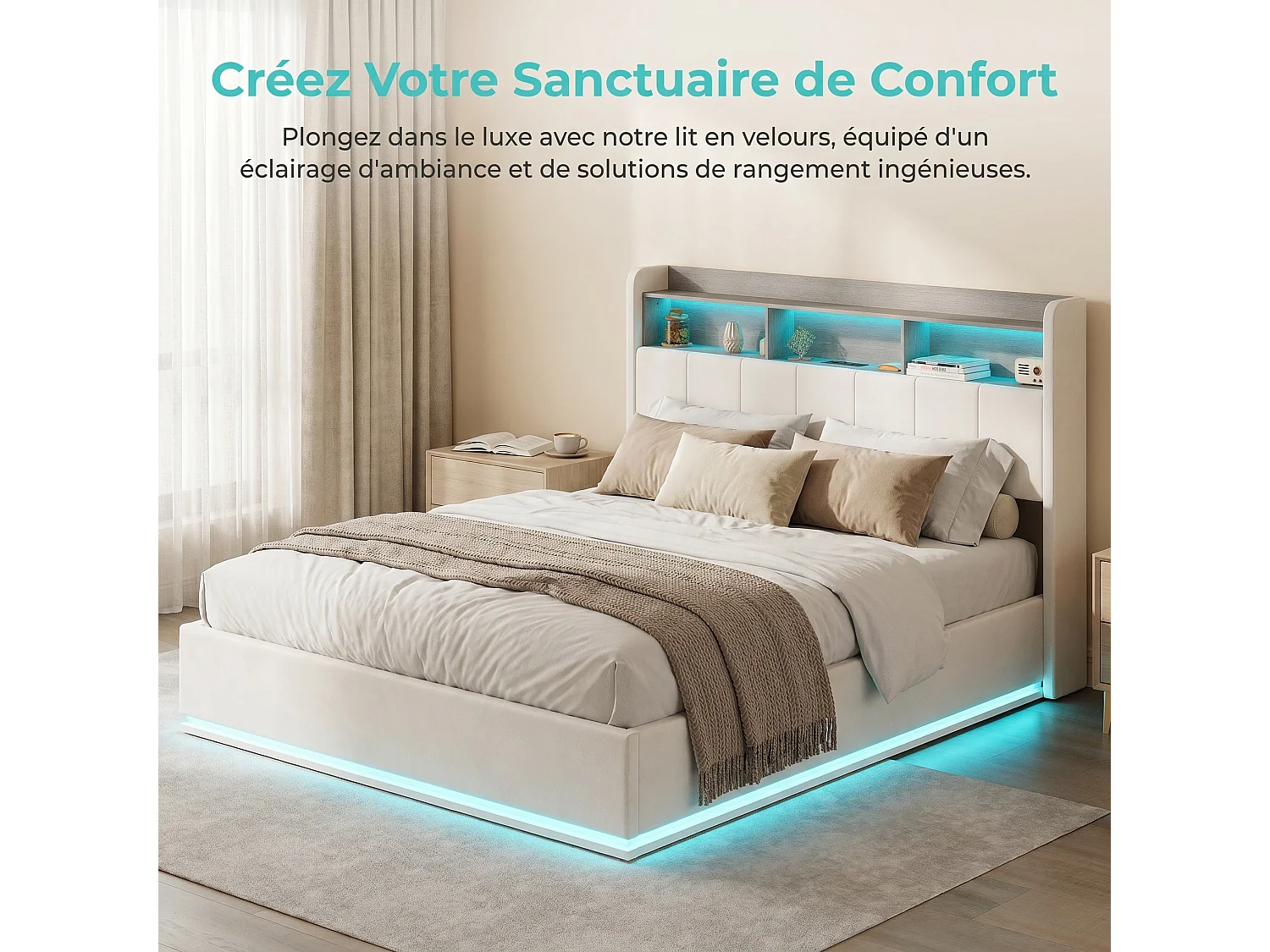 Lit Double Capitonné 140x200 cm,Rangement Barométrique, Tête de Lit en Velours avec cadre de rangement, Éclairage LED, Ports USB, Capacité de Charge 350kg, Beige