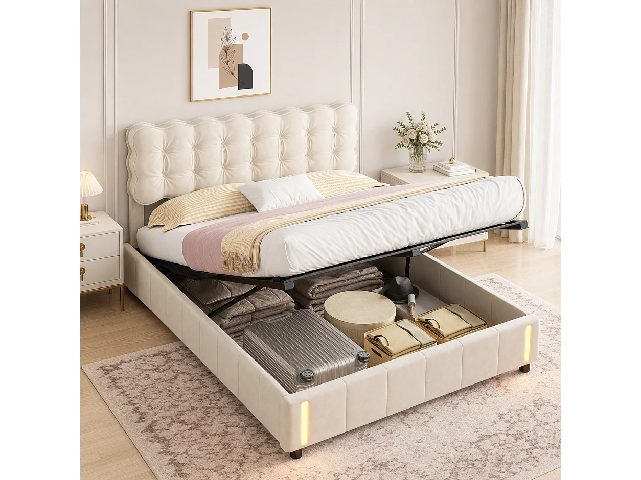 Lit Double Capitonné 160x200 cm - Rangement Hydraulique - Lit Adulte avec éclairage LED inductif - Sommier à Lattes - Lit en Bois et Métal - Velours - Beige