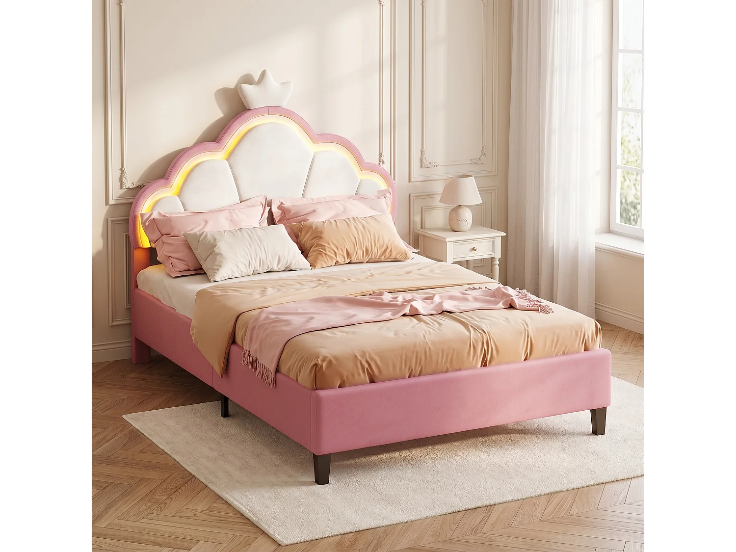 Lit Double Capitonnée pour Enfant 140x200 cm, Lit Fille avec LED, Cloud Design, Tête de Lit Rembourrée Réglable en Hauteur, Sommier à Lattes, Velours, Rose