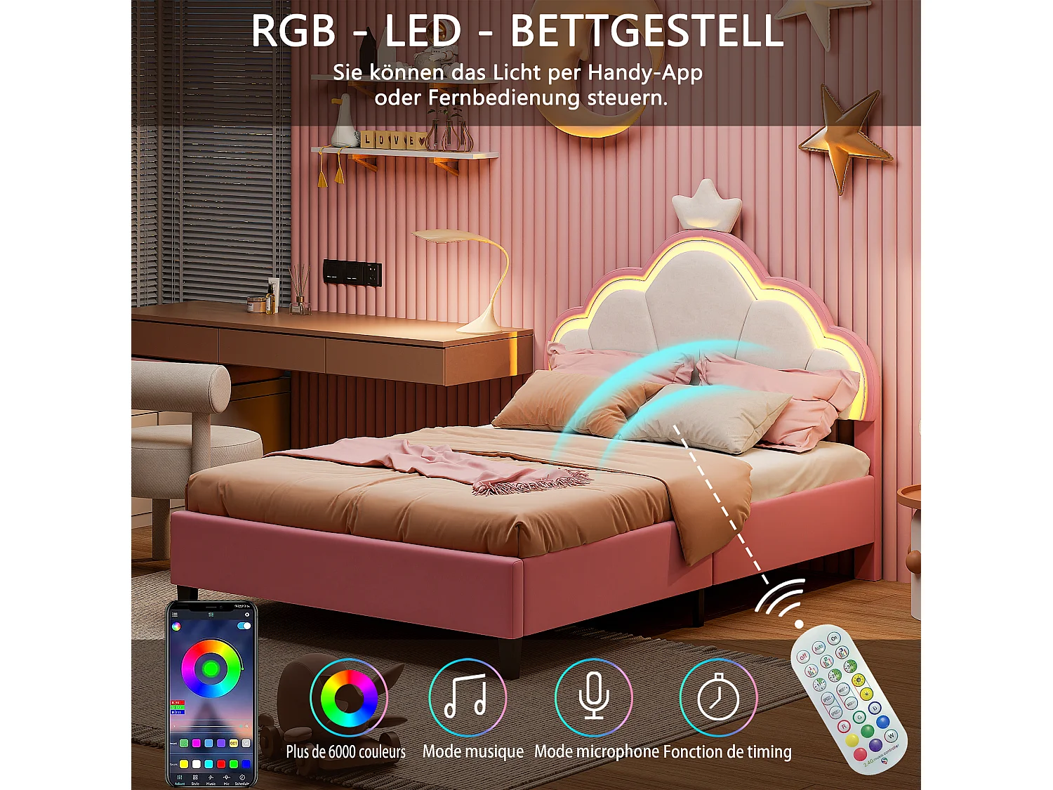Lit Double Capitonnée pour Enfant 140x200 cm, Lit Fille avec LED, Cloud Design, Tête de Lit Rembourrée Réglable en Hauteur, Sommier à Lattes, Velours, Rose