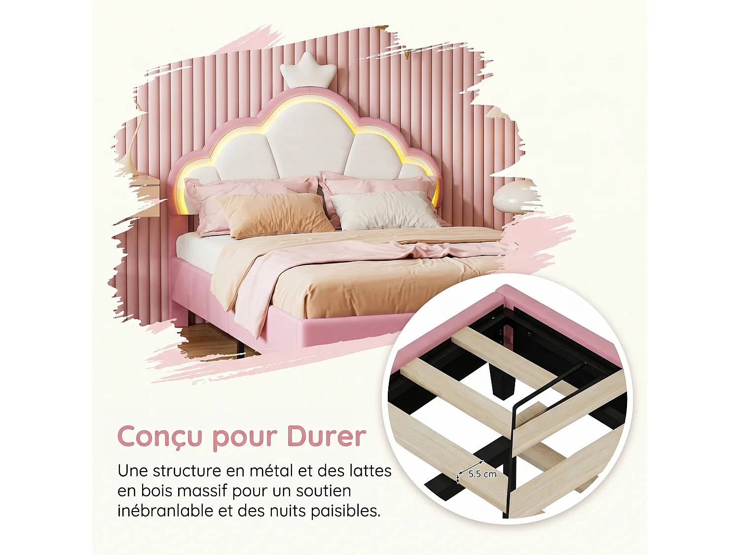 Lit Double Capitonnée pour Enfant 140x200 cm, Lit Fille avec LED, Cloud Design, Tête de Lit Rembourrée Réglable en Hauteur, Sommier à Lattes, Velours, Rose