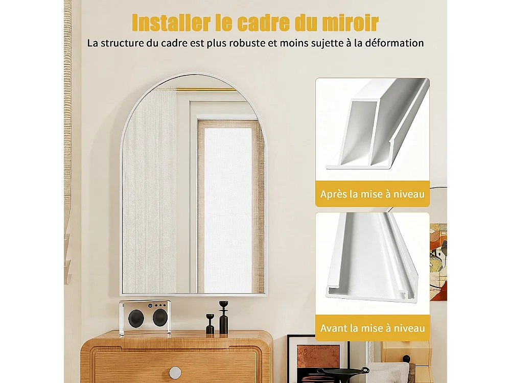 Miroir mural arcé 61×91 cm - Miroir de salle de bain à cadre métallique en aluminium - Miroir de vanité à monture murale haute définition - Blanc