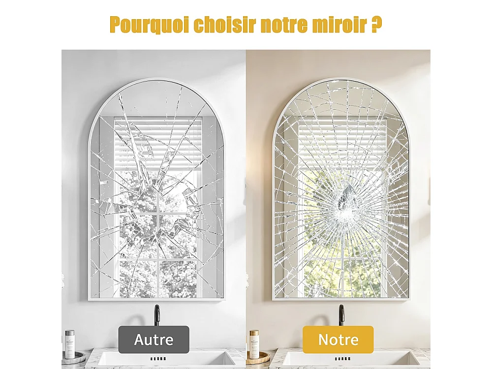 Miroir mural arcé 61×91 cm - Miroir de salle de bain à cadre métallique en aluminium - Miroir de vanité à monture murale haute définition - Blanc