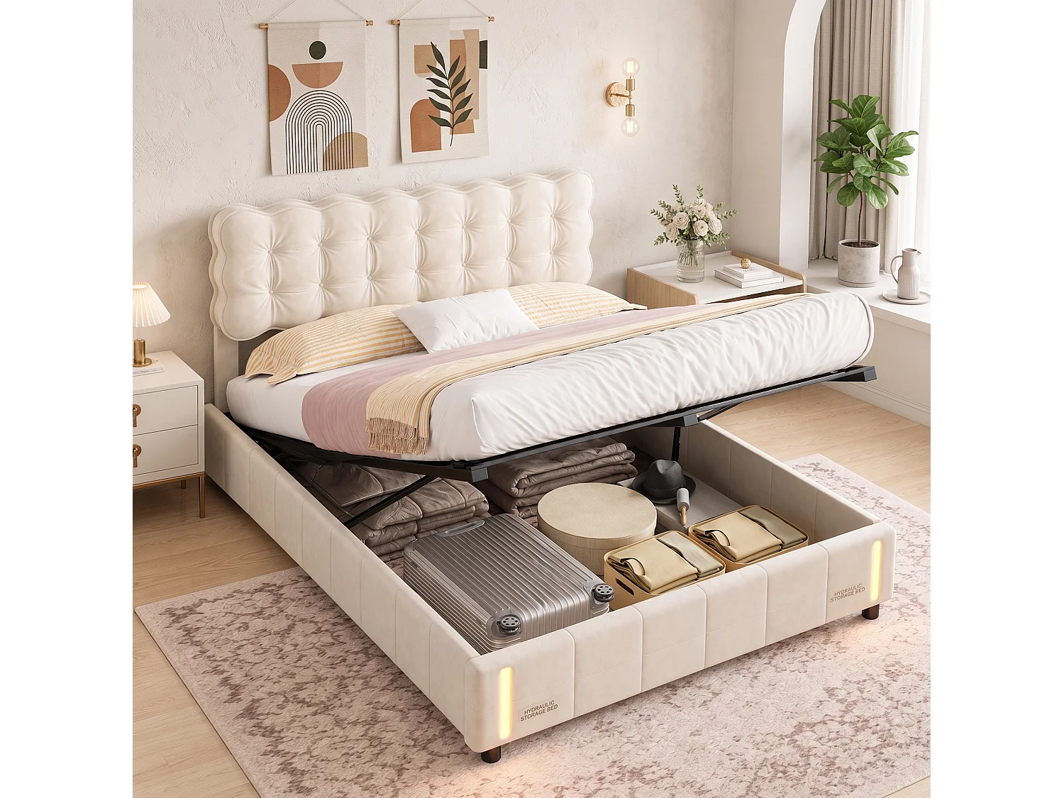 Lit Hydraulique 140x200 cm - Lit Double Rembourré avec Rangement - Lampe LED à induction intelligente - Convient aux Adultes et aux Adolescents - Velours - Beige
