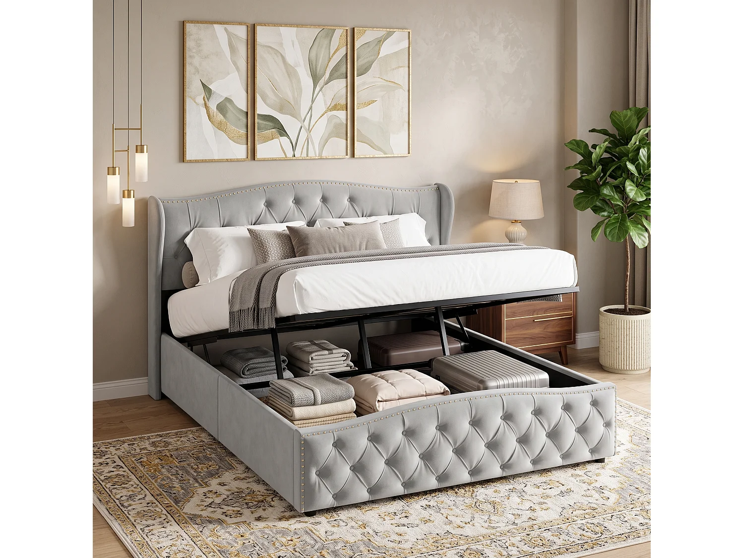 Lit Double Hydraulique 160 x 200 cm - Lit Coffre Double - Décoration Rivetée - Matelas Rembourré avec Cadre Renforcé - Sommier à Lattes -  Velours - Beige