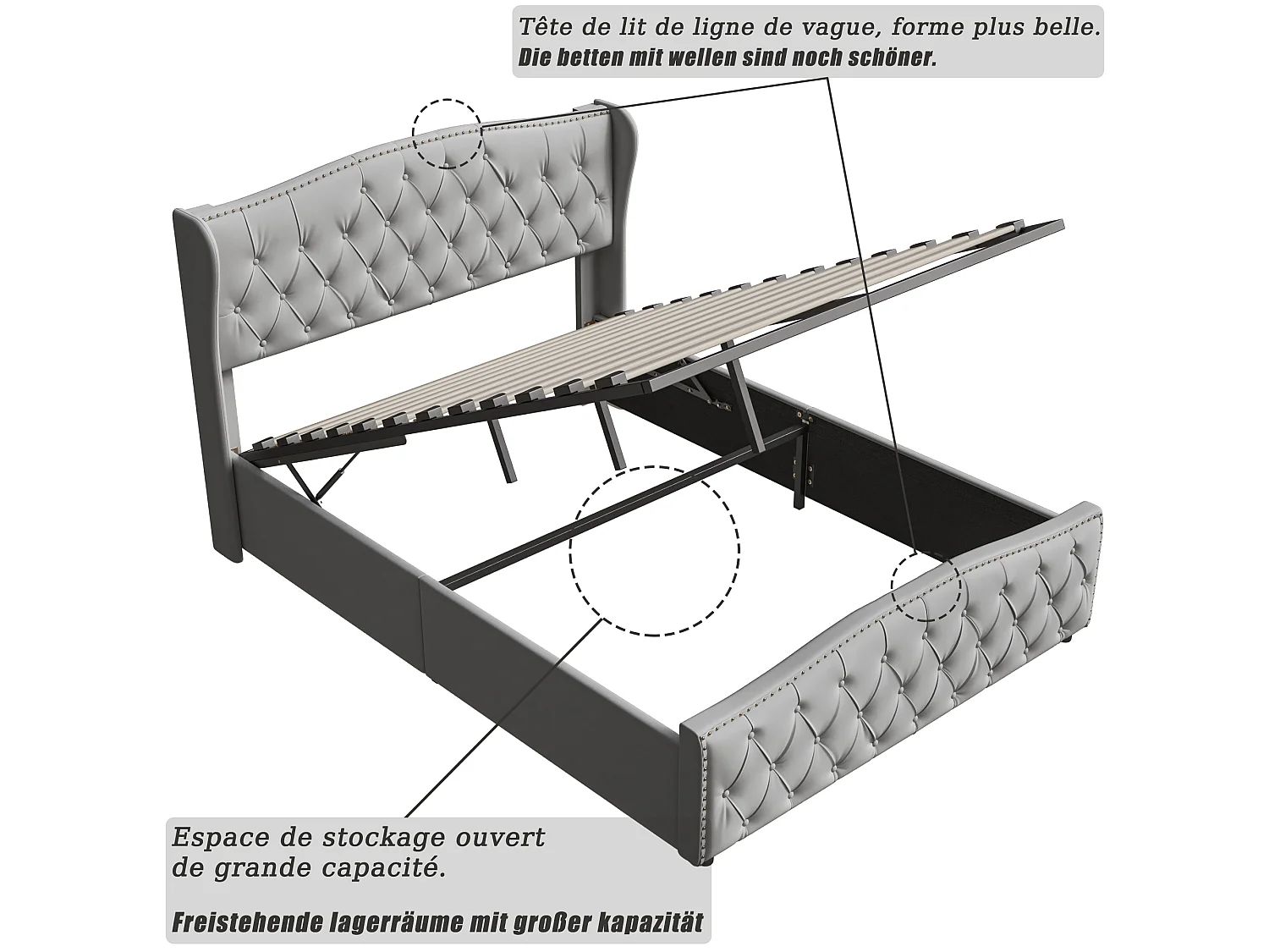 Lit Double Hydraulique 160 x 200 cm - Lit Coffre Double - Décoration Rivetée - Matelas Rembourré avec Cadre Renforcé - Sommier à Lattes -  Velours - Beige