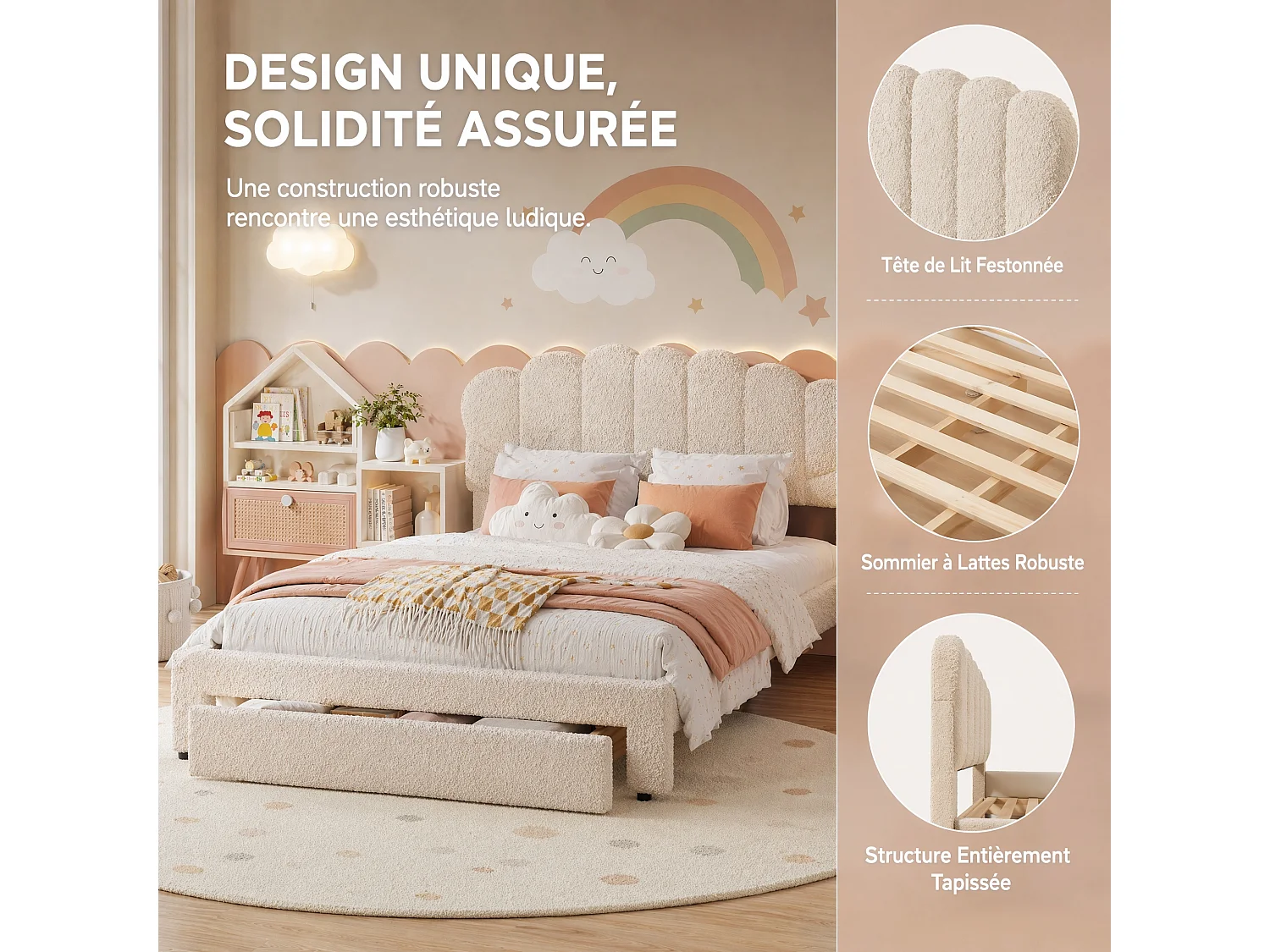 Lit Double Capitonné 160x200 cm avec 1 tiroi, Tête de Lit Réglable Motif Vagues, Ports USB et Type-C, Sommier à Lattes, Style Nordique,Teddy velours, beige.