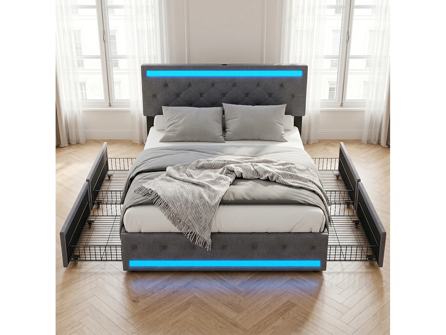 Lit Double Rembourré 140x200 cm, 4 Tiroirs de rangement, LED télécommandé, Port USB et type-C, Tête de Lit réglable, Sommier à lattes, Lin, Gris foncé