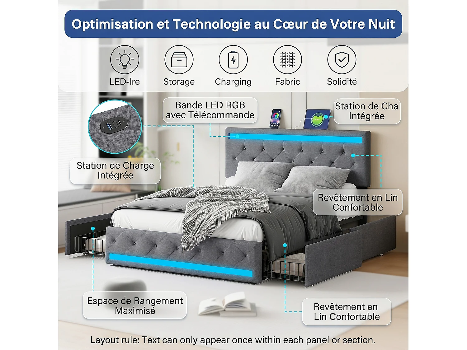 Lit Double Rembourré 140x200 cm, 4 Tiroirs de rangement, LED télécommandé, Port USB et type-C, Tête de Lit réglable, Sommier à lattes, Lin, Gris foncé