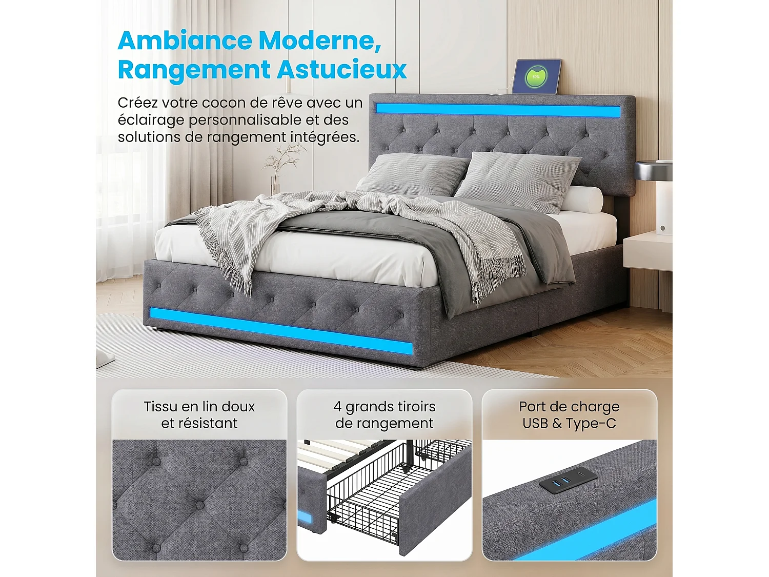 Lit Double Rembourré 140x200 cm, 4 Tiroirs de rangement, LED télécommandé, Port USB et type-C, Tête de Lit réglable, Sommier à lattes, Lin, Gris foncé