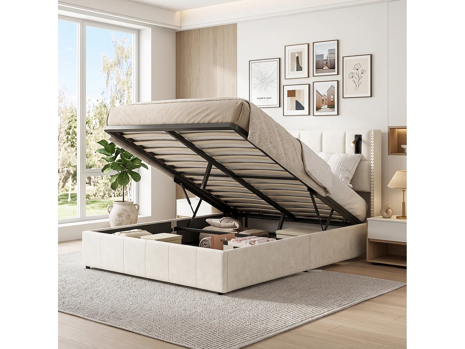 Lit Double Capitonné 160x200 cm, Lit Adulte avec Rangement Barométrique, Tête de Lit Rembourrée avec Clous en Acier, avec 2 Lampes de Lecture, Velours, Beige