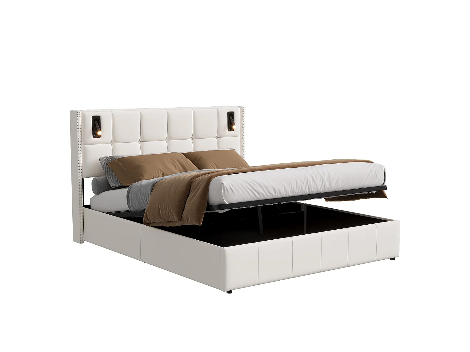 Lit Double Capitonné 160x200 cm, Lit Adulte avec Rangement Barométrique, Tête de Lit Rembourrée avec Clous en Acier, avec 2 Lampes de Lecture, Velours, Beige