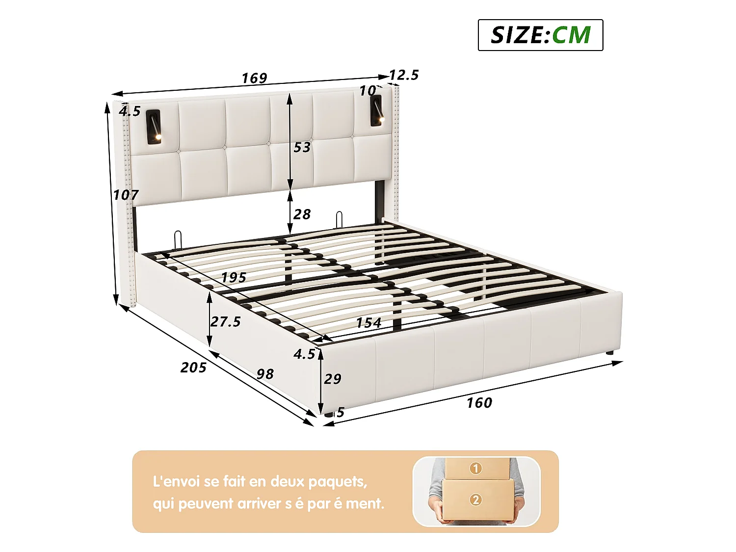Lit Double Capitonné 160x200 cm, Lit Adulte avec Rangement Barométrique, Tête de Lit Rembourrée avec Clous en Acier, avec 2 Lampes de Lecture, Velours, Beige