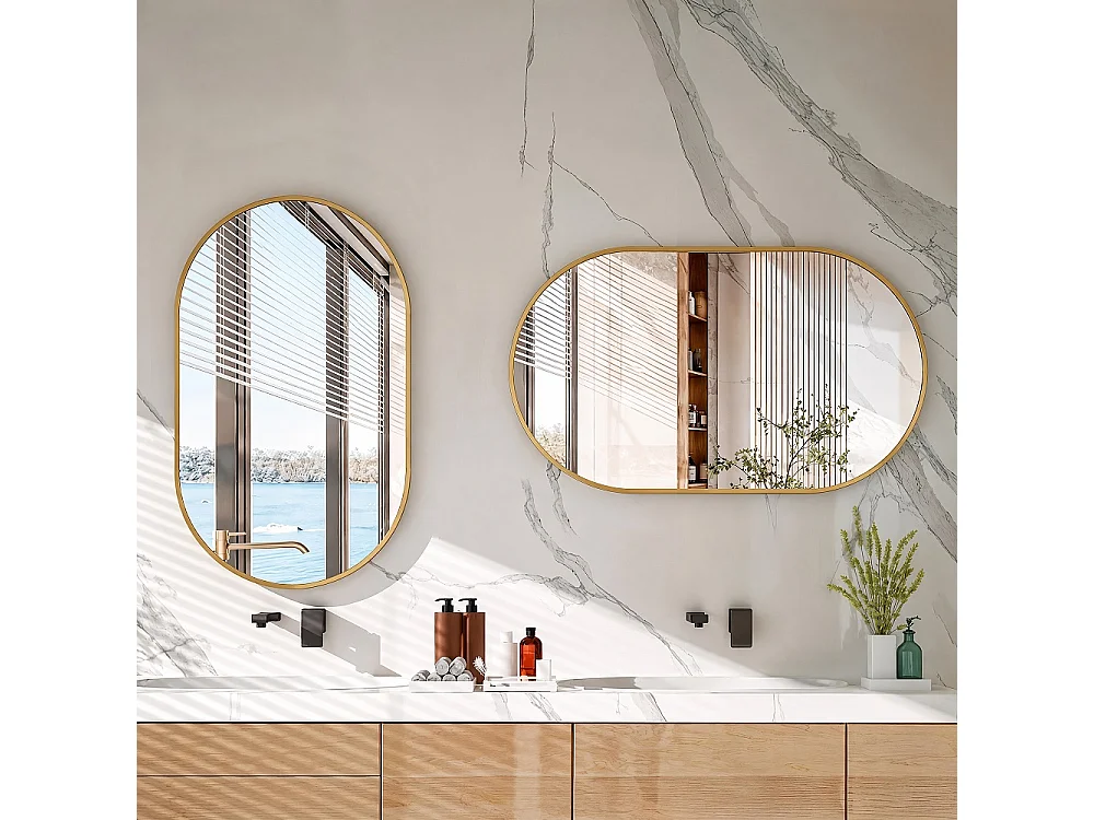 Miroir mural ovale 50 × 75 cm - Miroir de salle de bain en forme de capsule - Miroir décoratif monté au mur en alliage d'aluminium - or
