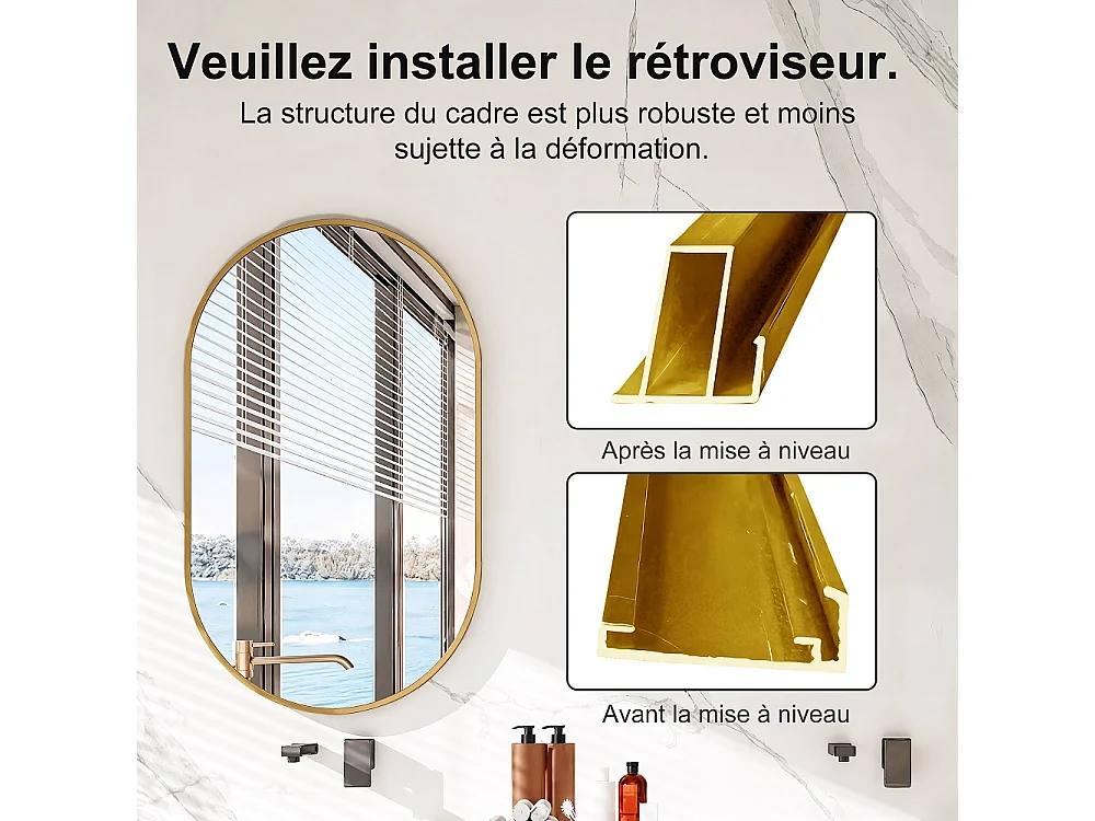 Miroir mural ovale 50 × 75 cm - Miroir de salle de bain en forme de capsule - Miroir décoratif monté au mur en alliage d'aluminium - or