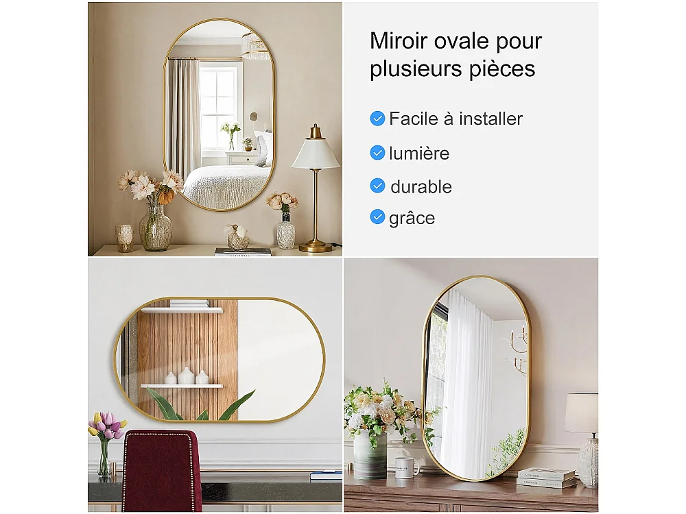Miroir mural ovale 50 × 75 cm - Miroir de salle de bain en forme de capsule - Miroir décoratif monté au mur en alliage d'aluminium - or