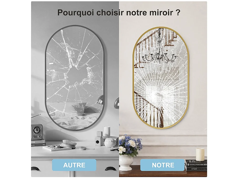 Miroir mural ovale 50 × 75 cm - Miroir de salle de bain en forme de capsule - Miroir décoratif monté au mur en alliage d'aluminium - or