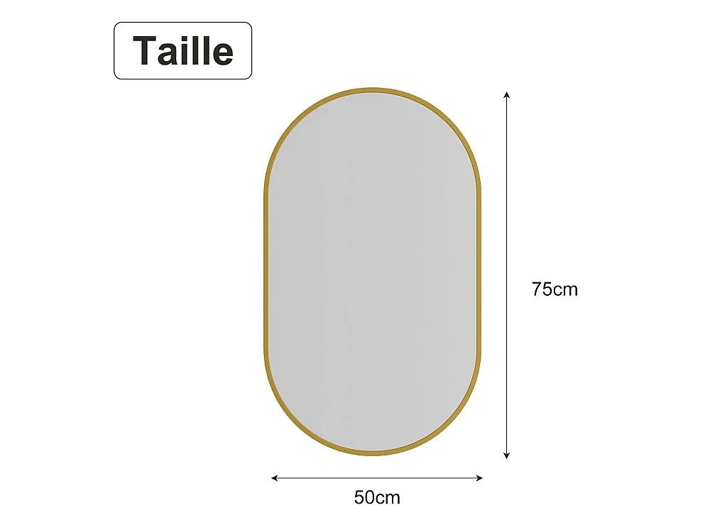 Miroir mural ovale 50 × 75 cm - Miroir de salle de bain en forme de capsule - Miroir décoratif monté au mur en alliage d'aluminium - or
