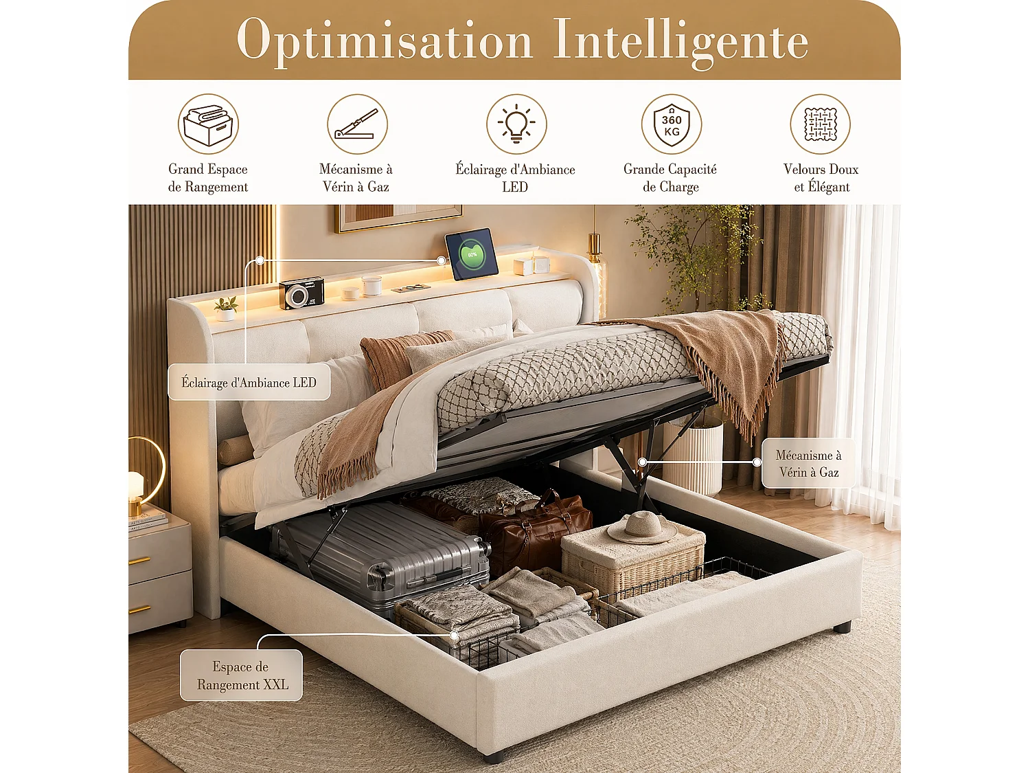 Lit Double Capitonné 140x200 cm, 1 Tiroir, Tête de lit avec espace de rangement, Éclairage LED télécommande, Double Ports USB, 2 Prises Européennes, Velours, Beige