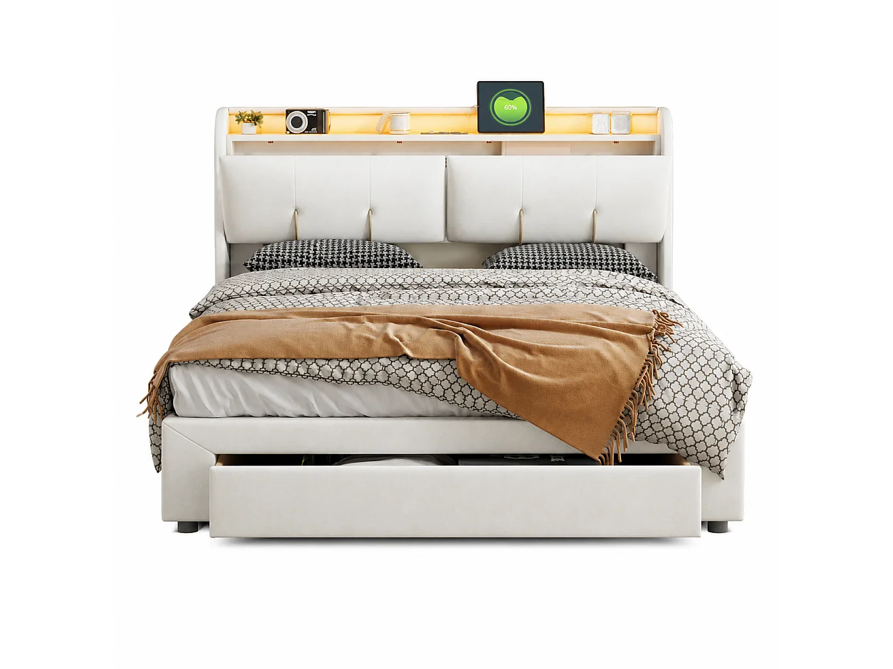 Lit Double Capitonné 140x200 cm, 1 Tiroir, Tête de lit avec espace de rangement, Éclairage LED télécommande, Double Ports USB, 2 Prises Européennes, Velours, Beige