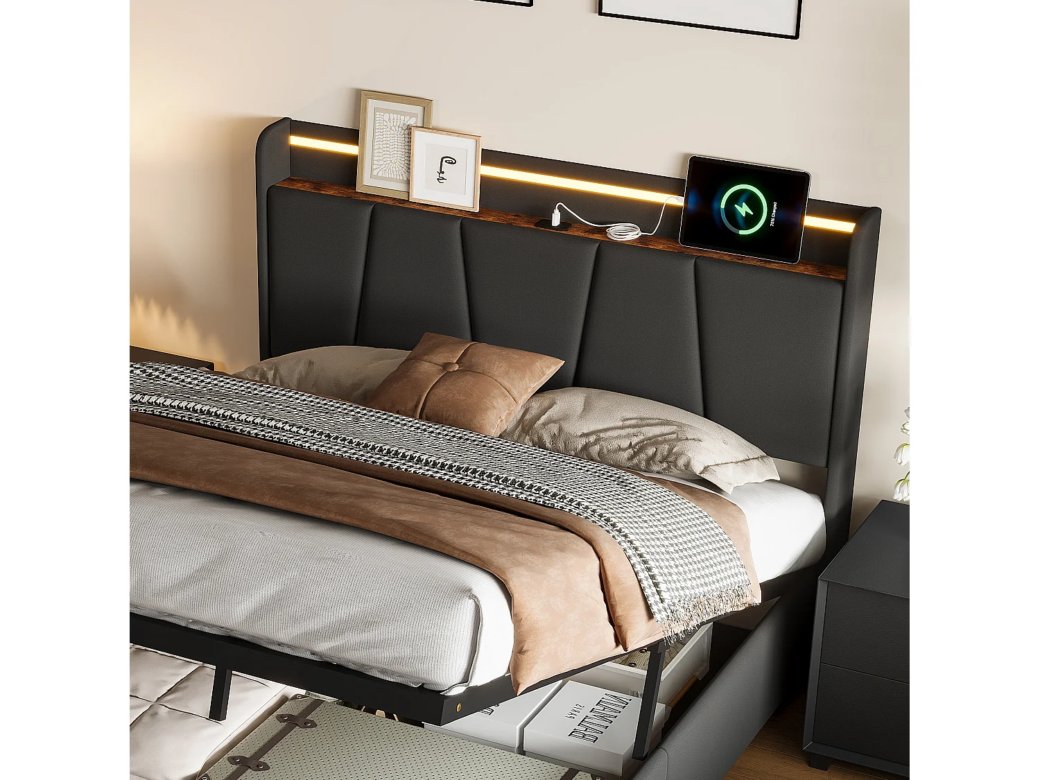 Lit Coffre Capitonné 160x200 cm, Rangement Barométrique, Lit Double avec 2 Tiroirs, Tête de Lit avec rangement, éclairage LED, port USB, Lit Adulte, Gris foncé