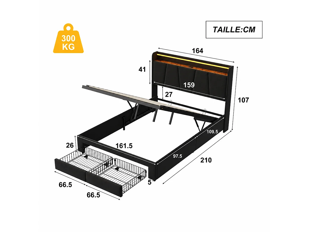 Lit Coffre Capitonné 160x200 cm, Rangement Barométrique, Lit Double avec 2 Tiroirs, Tête de Lit avec rangement, éclairage LED, port USB, Lit Adulte, Gris foncé
