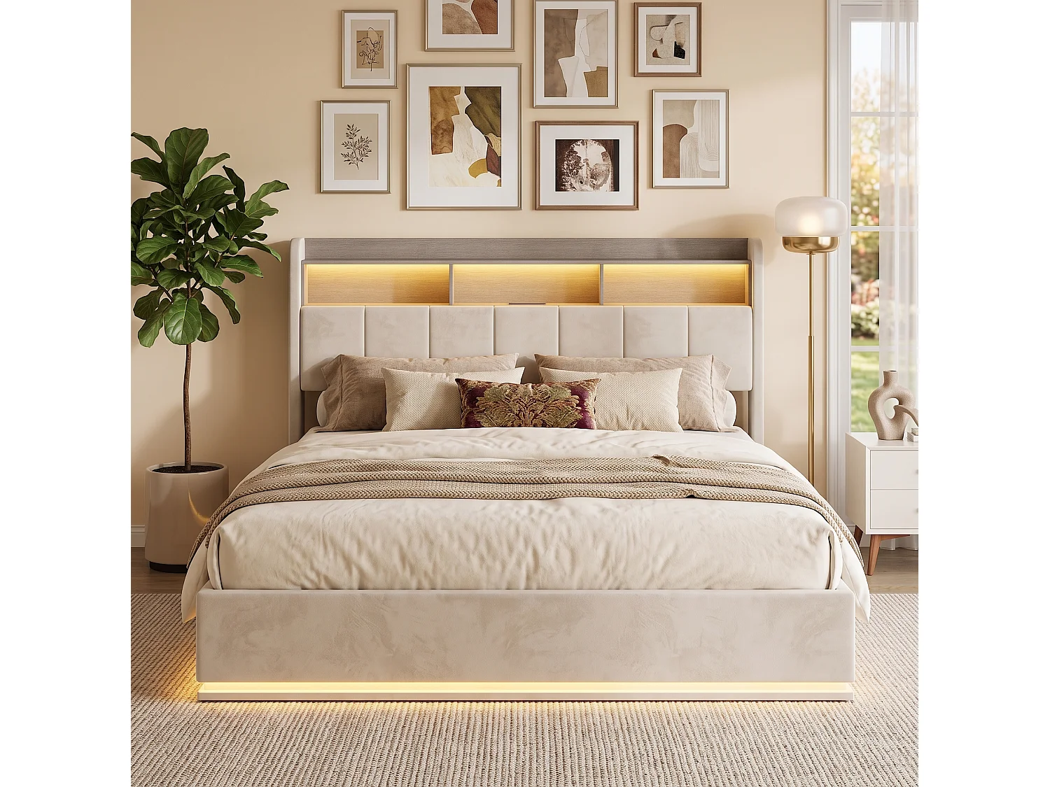 Lit Double Capitonné 160x200 cm,Rangement Barométrique, Tête de Lit en Velours avec cadre de rangement, Éclairage LED, Port USB, Charge 350kg, Beige