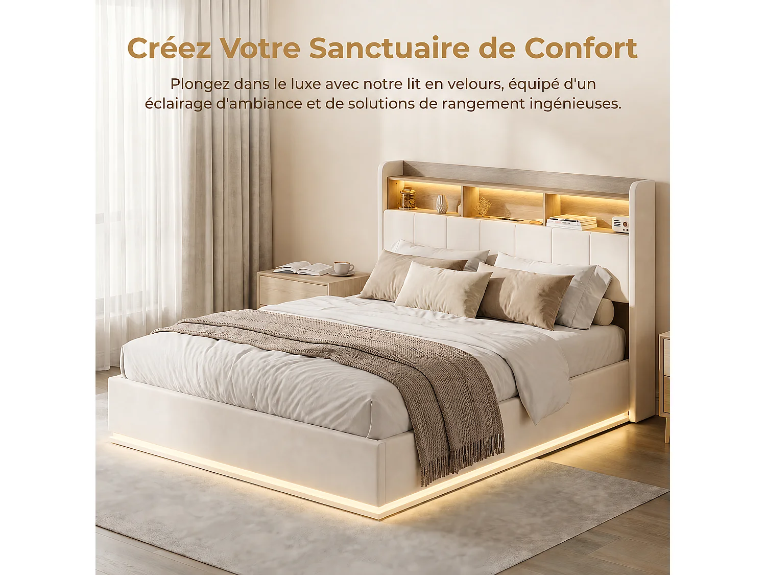Lit Double Capitonné 160x200 cm,Rangement Barométrique, Tête de Lit en Velours avec cadre de rangement, Éclairage LED, Port USB, Charge 350kg, Beige