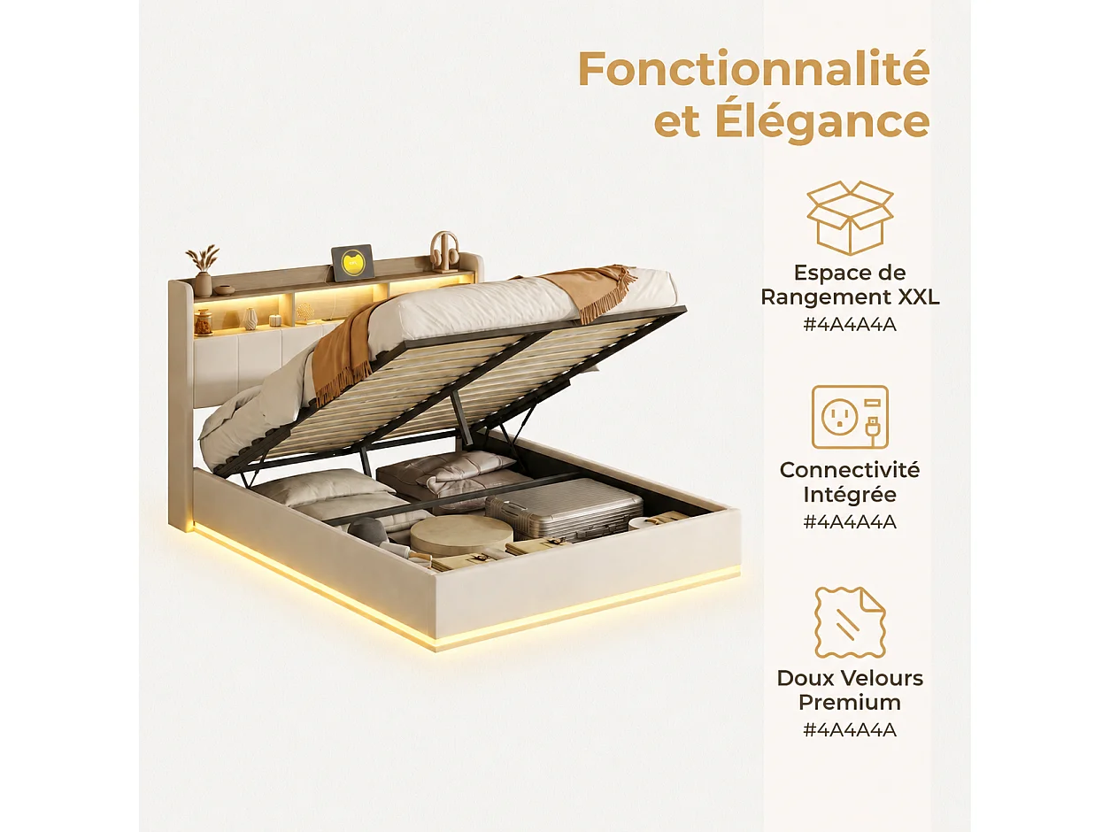 Lit Double Capitonné 160x200 cm,Rangement Barométrique, Tête de Lit en Velours avec cadre de rangement, Éclairage LED, Port USB, Charge 350kg, Beige