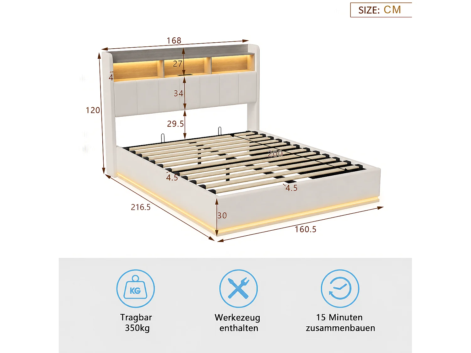 Lit Double Capitonné 160x200 cm,Rangement Barométrique, Tête de Lit en Velours avec cadre de rangement, Éclairage LED, Port USB, Charge 350kg, Beige