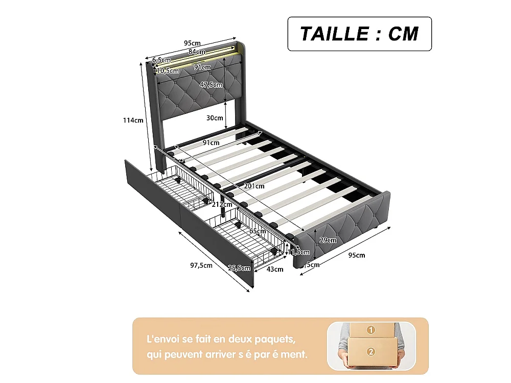 Lit rembourré 90 x 200 cm - Lit simple avec 2 tiroirs Espace de rangement et tête - Lit de rangement avec LED & USB - Velvet - gris