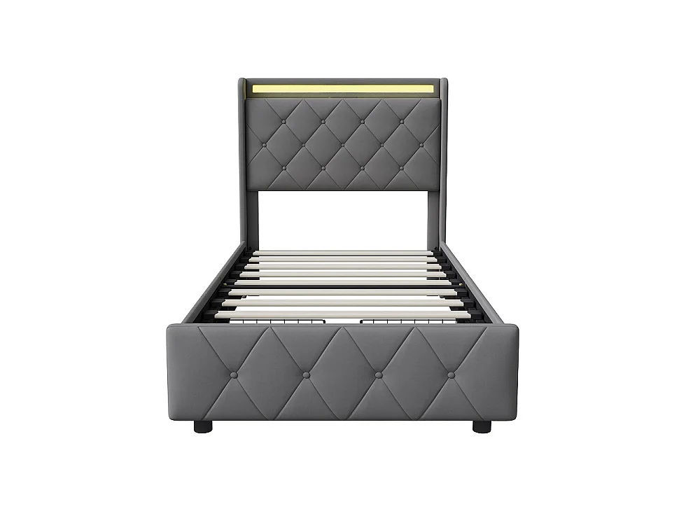 Lit rembourré 90 x 200 cm - Lit simple avec 2 tiroirs Espace de rangement et tête - Lit de rangement avec LED & USB - Velvet - gris