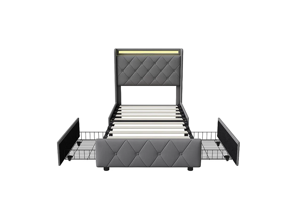 Lit rembourré 90 x 200 cm - Lit simple avec 2 tiroirs Espace de rangement et tête - Lit de rangement avec LED & USB - Velvet - gris