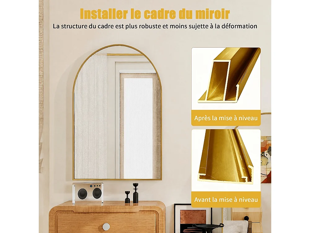 Miroir mural arcé 61×91 cm - Miroir de salle de bain à cadre en aluminium métallique - Miroir de vanité à monture murale haute définition - Or