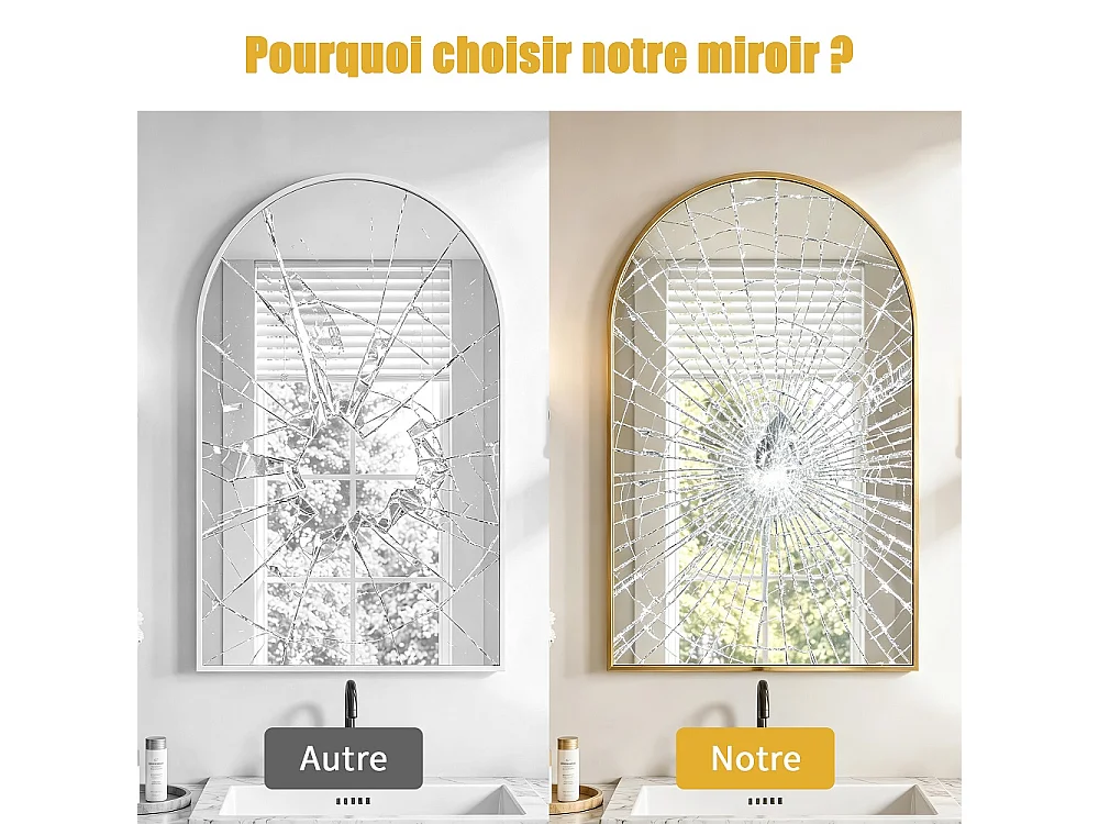 Miroir mural arcé 61×91 cm - Miroir de salle de bain à cadre en aluminium métallique - Miroir de vanité à monture murale haute définition - Or