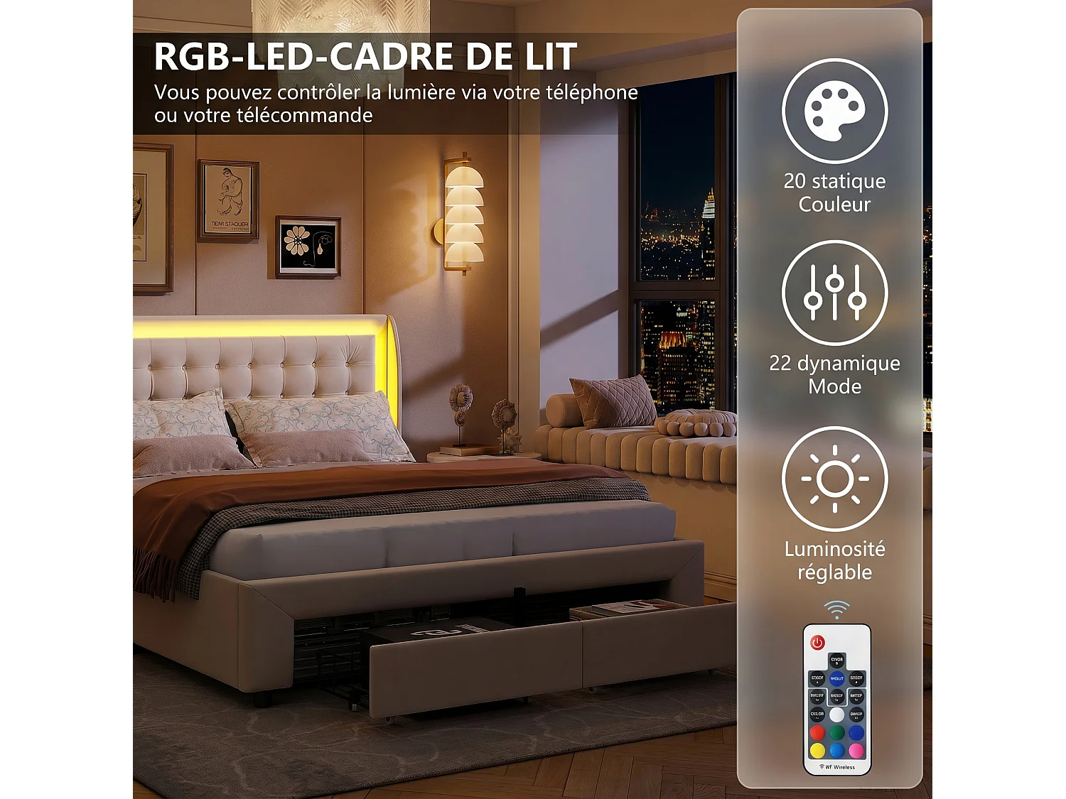 Lit Coffre 160x200 cm, Rangement Hydraulique, Lit Double Capitonné, 2 Tiroirs de Rangement Supplémentaires, Éclairage LED télécommande, Velours, Beige