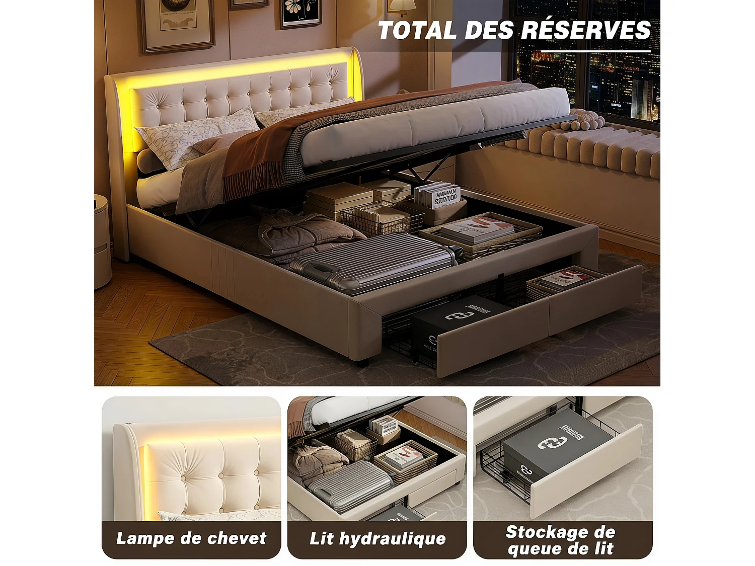 Lit Coffre 160x200 cm, Rangement Hydraulique, Lit Double Capitonné, 2 Tiroirs de Rangement Supplémentaires, Éclairage LED télécommande, Velours, Beige