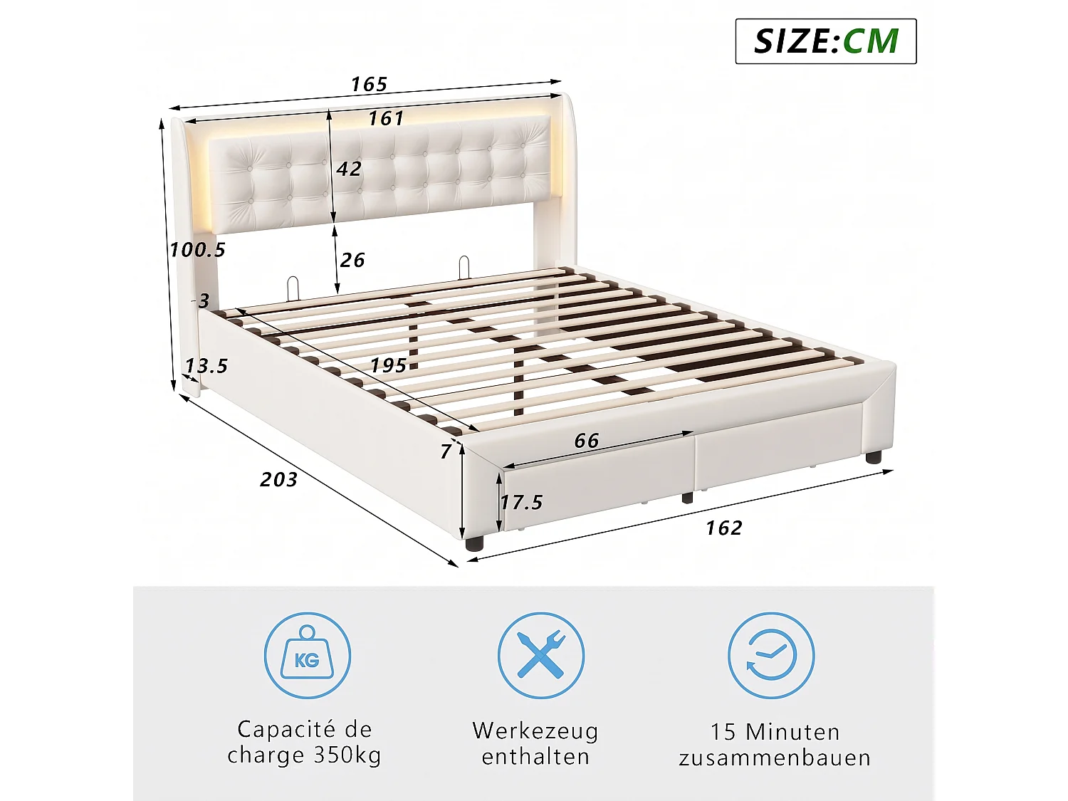 Lit Coffre 160x200 cm, Rangement Hydraulique, Lit Double Capitonné, 2 Tiroirs de Rangement Supplémentaires, Éclairage LED télécommande, Velours, Beige